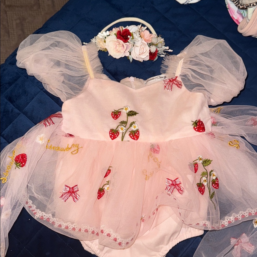 Pink Strawberry Embroidered Baby Dress with Headband